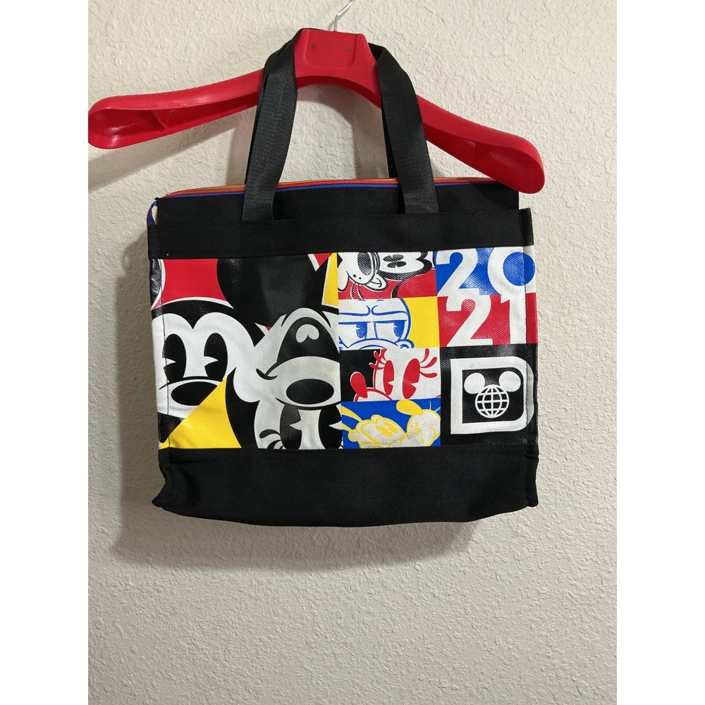 Disney Parks 2021 Mickey Mouse and Friends Collage Zip Top Tote Bag Black Multi